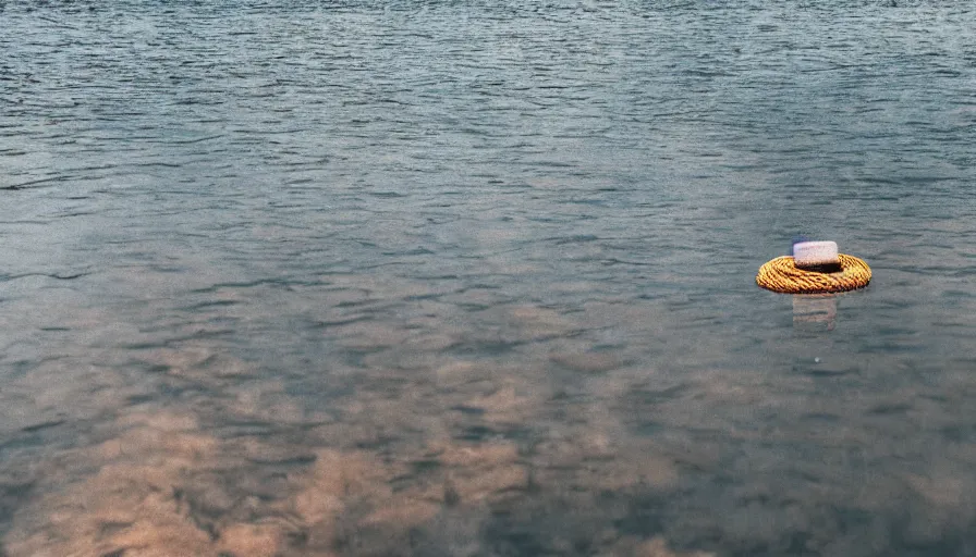 Image similar to rope floating to surface of water in the middle of the lake, overcast lake, rocky foreground, 2 4 mm leica anamorphic lens, moody scene, stunning composition, hyper detailed, color kodak film stock