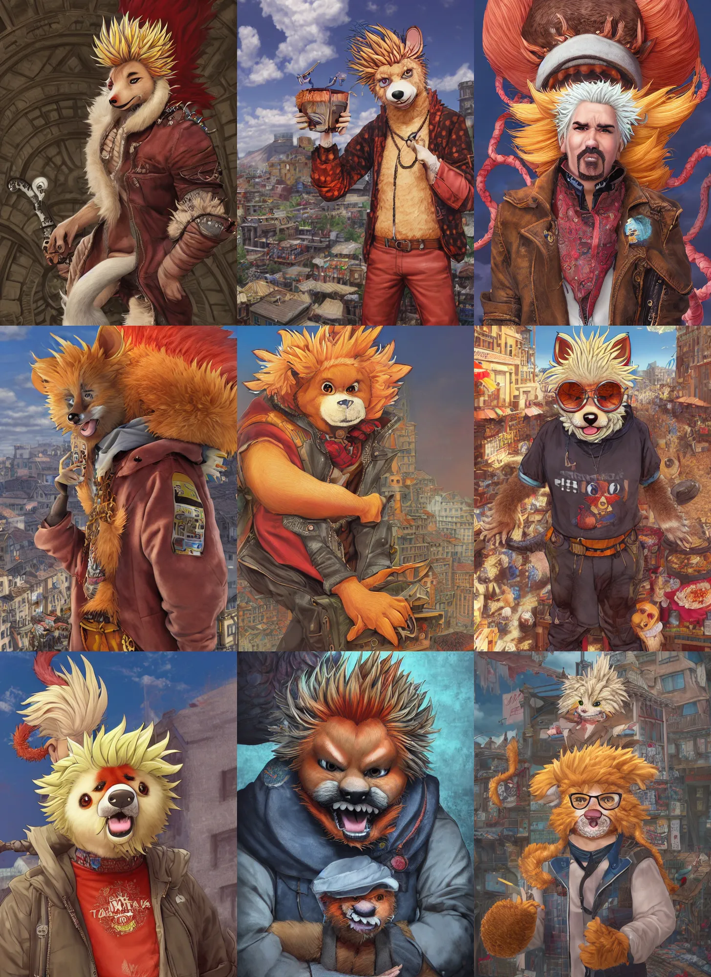 Prompt: anthropomorphic fursona, character portrait of guy fieri with gorgeous detailed eyes in the marketplace in the sky, color page, tankoban, 4 k, tone mapping, doll, akihiko yoshida, james jean andrei riabovitchev marc simonetti, yoshitaka amano, long hair, curly, h. hydrochaeris