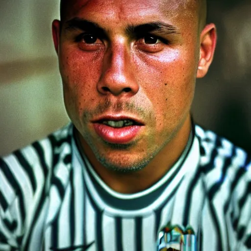 Image similar to real ronaldo fenomeno fc barcelona close up portrait by steve mccurry, year 1 9 9 5