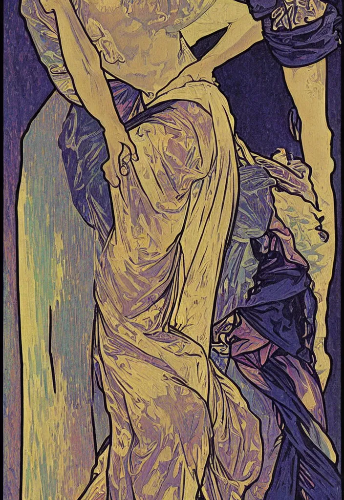 Image similar to Geoffrey Hinton portrayed on a tarot card, tarot in art style by Alphonse Mucha