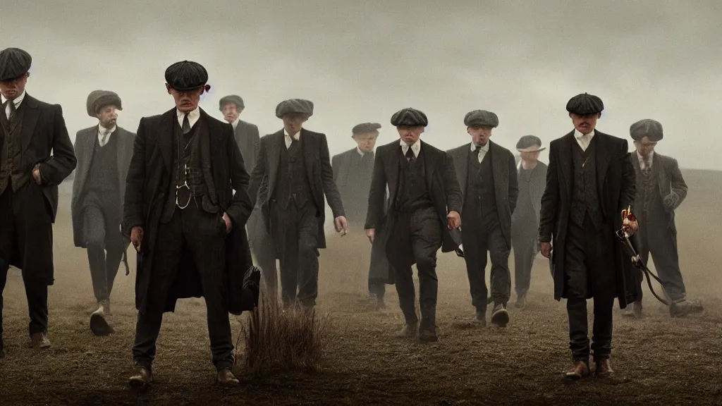 Prompt: the peaky blinders with peanuts heads, film still from the movie directed by denis villeneuve with art direction by zdzis