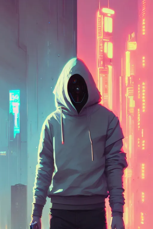 Image similar to cyberpunk synth, hyper - realistic portrait of a man in a hoodie, cyberpunk, by atey ghailan, by greg rutkowski, by greg tocchini, by james gilleard, by joe fenton, by kaethe butcher, dynamic lighting, gradient light blue, brown, blonde cream and white color scheme, grunge aesthetic