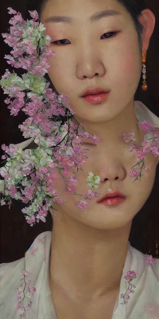 Image similar to beautiful highly detailed and expressive oil painting of a korean woman's face dissolving into petals, masterpiece, dynamic lighting,