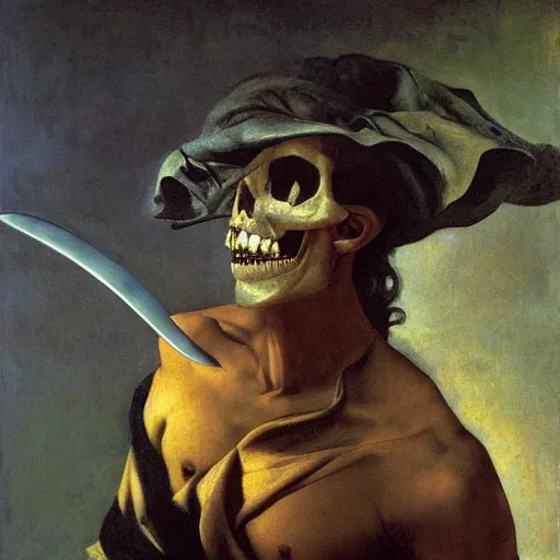 Image similar to Realistic painting of a swordsman with a skull for a face high-detailed oil painting by Ilya Repin, William Blake, Michelangelo da Caravaggio, Alex Grey and Beksinski, masterpiece, 4k