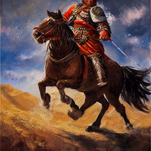 Image similar to mongolian warrior from ancient lands of taran shooting arrows from his horse, highly detailed, ultrawide lens, impressionism, chiaroscuro