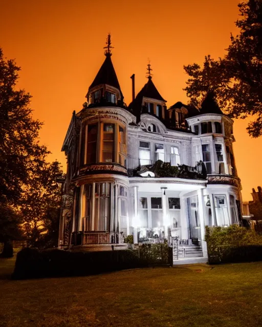 Prompt: a wide angle low photo of a ghostly victorian mansion at night