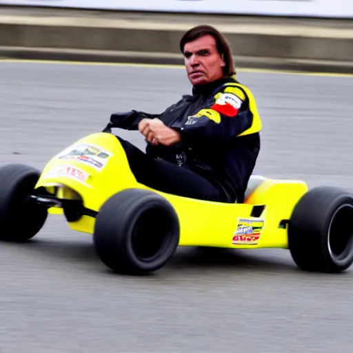 Image similar to jair bolsonaro racing a go kart in a race track