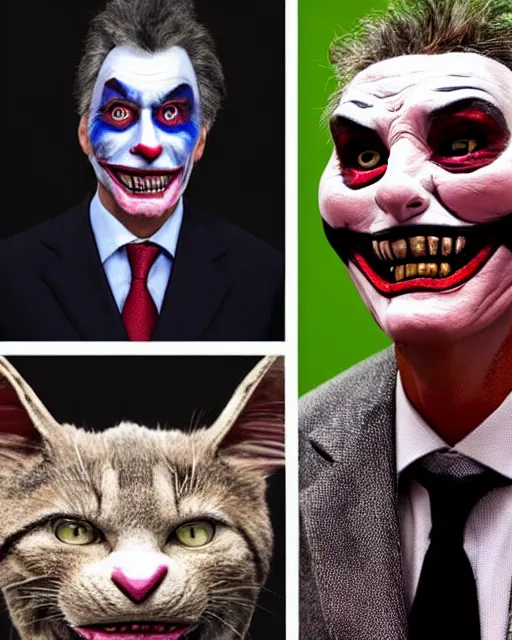 Prompt: Mauricio Macri in Elaborate Joker Makeup and prosthetics designed by Rick Baker, Hyperreal, Head Shots Photographed in the Style of Annie Leibovitz, Studio Lighting, Mauricio Macri with an angry cat in his hand