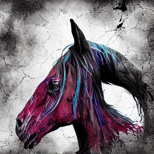 Image similar to wispy ink horror, neochrome colors, zombie horse, realistic render, photo pic by matte painting