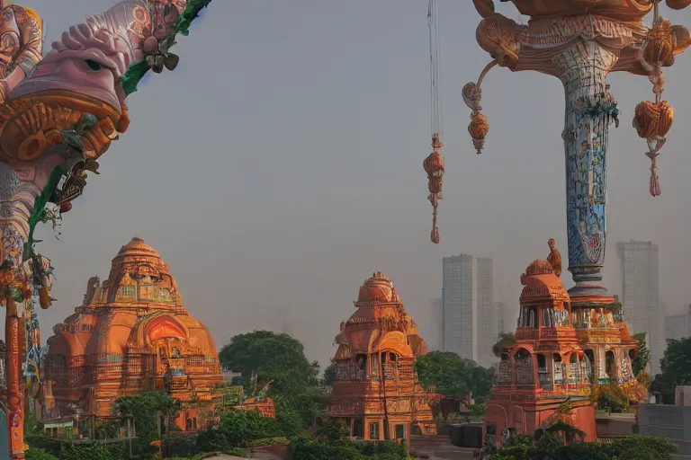 Image similar to gorgeous dreamscape! biomorphic new delhi, hanuman!! head building, kalighat, octane highly detailed cinematic, stephen shore & john j. park, soft morning light, wide shot, high angle, uhd 8 k, deep focus