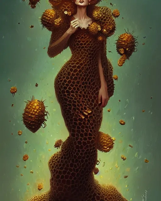 Image similar to woman wearing honeycomb dress, dripping honey, beehive couture, overgrown flower pollen fashion couture, artgerm, peter mohrbacher, artstation