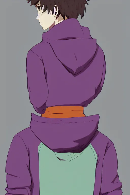 Image similar to young man in a purple hoodie, back view, messy short brown hair, colourful, 8 k, anime, ghibli style, graphic novel, digital art trending on artstation