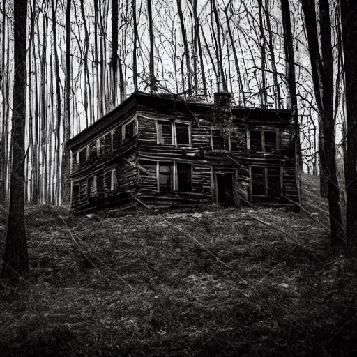 Image similar to twisted creepy building with in a dark forest at midnight