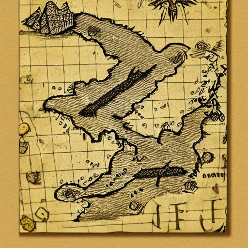 Image similar to scan of an old torn treasure map, pirates treasure map, hand drawn