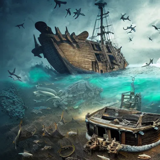 Prompt: vintage viking shipwreck surrounded by sharks and octopus, photorealistic, ultra-detailed, 4k high resolution, HDR shot, cinematic lighting