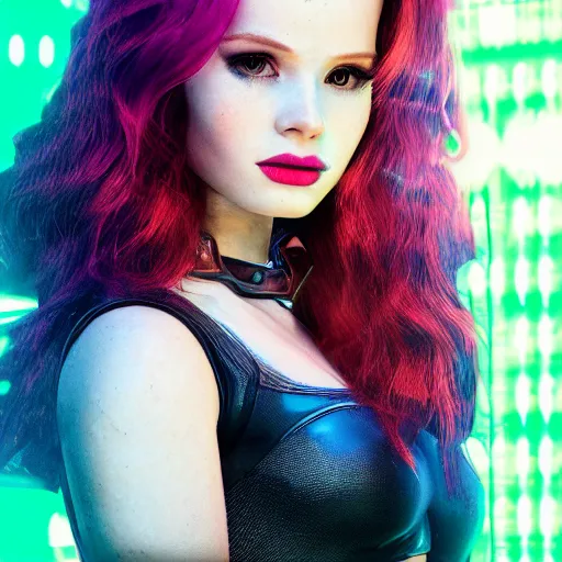 Image similar to madelaine petsch portrait, cyberpunk 2 0 7 7, cyberpunk judy alvarez, photorealistic, ultra detailed, neon, octane, bokeh, cinematic lighting, cyber, cyberpunk city, studio quality, feature, scars, cyberface, 8 k