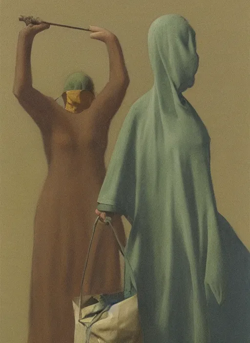 Prompt: woman with a paper bag over the head and a sward Edward Hopper and James Gilleard, Zdzislaw Beksinski, Steven Outram highly detailed