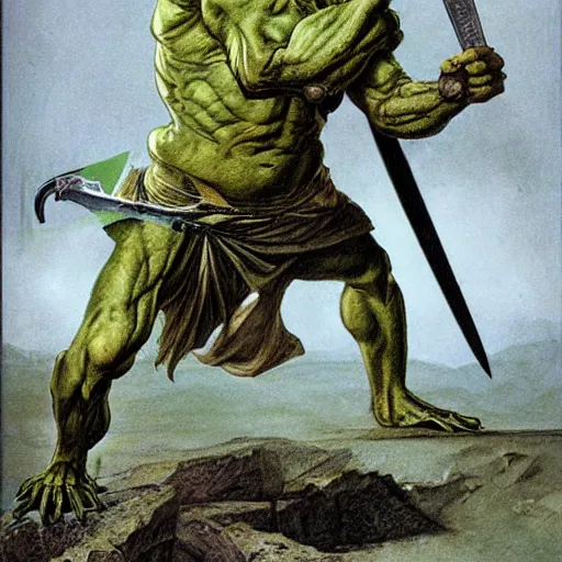 Image similar to dog - faced muscular goblin, ugly face, lizard tail, holding scimitar made of bone, scimitar, sword, jagged sword, curved sword, orkish sword, colorized, green skin, hyper - detailed, primeval fantasy, prehistoric fantasy, art by jacques - louis david