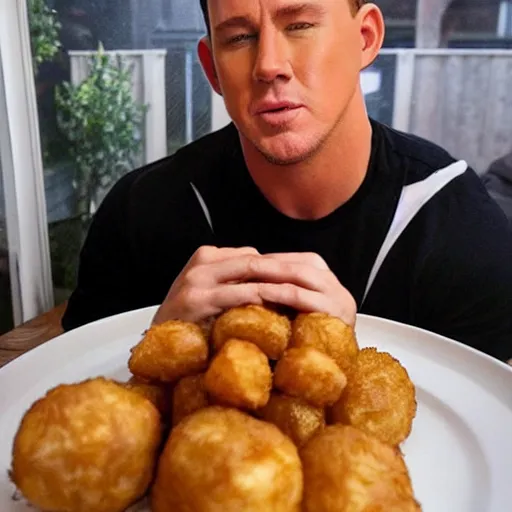 Prompt: channing tatum has a giant tater tot head, tater tot on plate, food photo