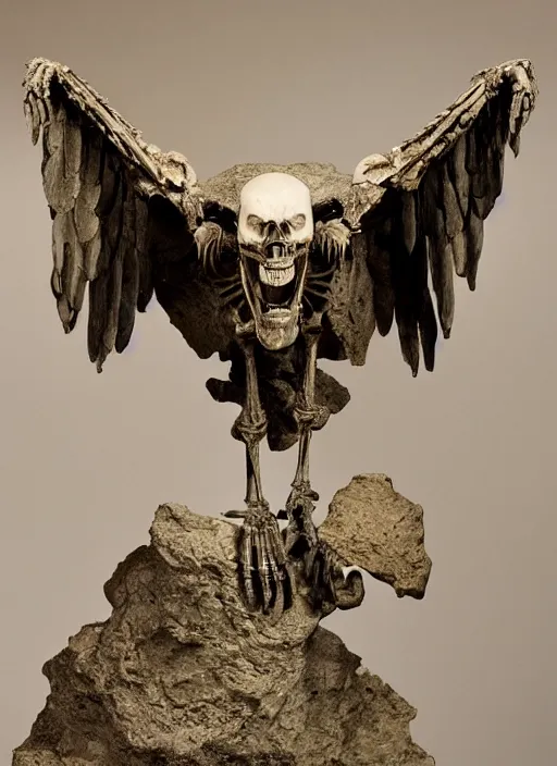 Image similar to a vulture skeleton sculpted on carved rock by bernini