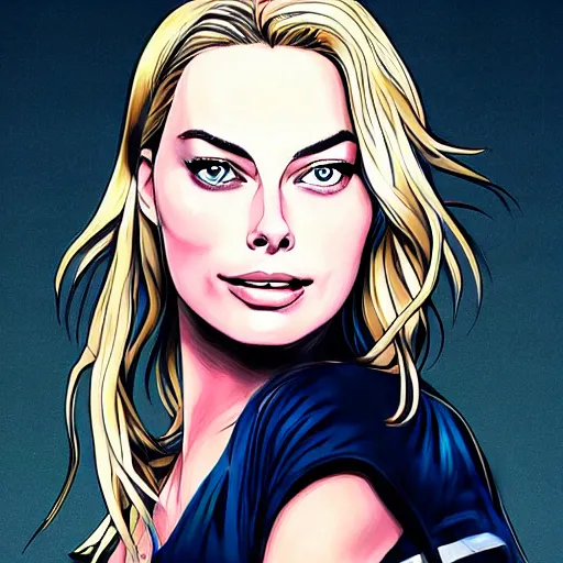 Image similar to a portrait of margot robbie, anime art style, highly realistic, highly detailed, sharp