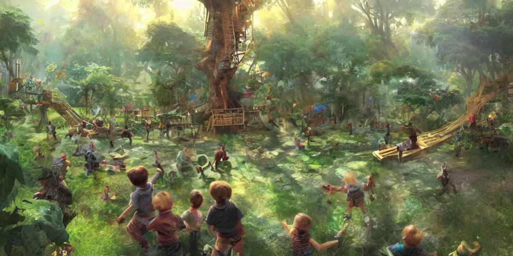 Prompt: The battle for the treehouse, kids trying to take a treehouse from another group of kids, artwork by Craig Mullins,Movie poster, detailed, trending on artstation, isometric