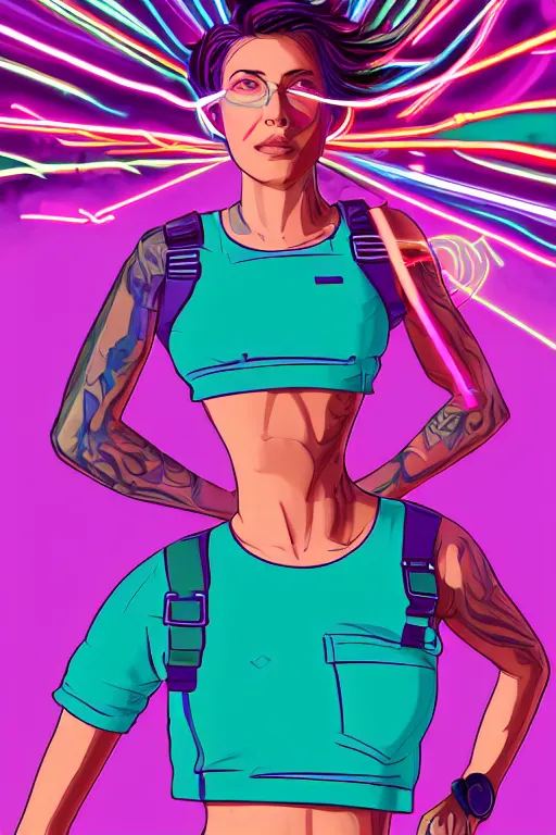 Prompt: a award winning half body portrait of a beautiful woman in a croptop and cargo pants with ombre purple pink teal hairstyle and hands in pockets by ari liloan, surrounded by whirling illuminated lines, outrun, vaporware, shaded flat illustration, digital art, trending on artstation, highly detailed, fine detail, intricate