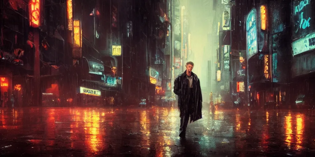 Prompt: painting of young middle age clint eastwood in blade runner movie by repin, posing on a neon rainy vague street in headlights matte painting, 8k resolution, concept art, detailed, photo realism, cgsociety, artstation, behance, amazing, wow, touching