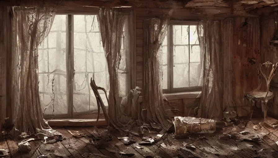 Image similar to interior of an old bloody cabin, cobwebs and dust, forest, broken windows, bloody curtains, hyperdetailed, artstation, cgsociety, 8 k