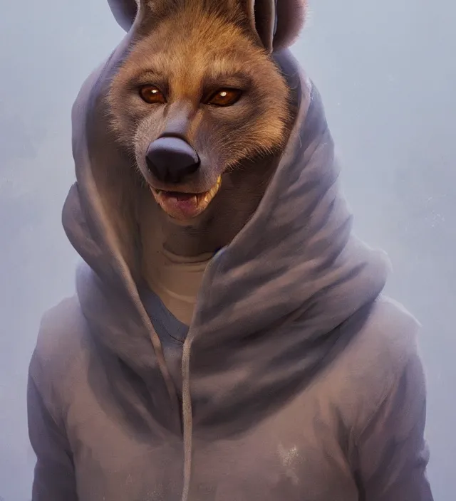 Image similar to a beautiful portrait of a handsome male anthropomorph brown hyena furry fursona wearing a hoodie. character design by cory loftis, fenghua zhong, ryohei hase, ismail inceoglu and ruan jia. artstation, volumetric light, detailed, photorealistic, rendered in octane