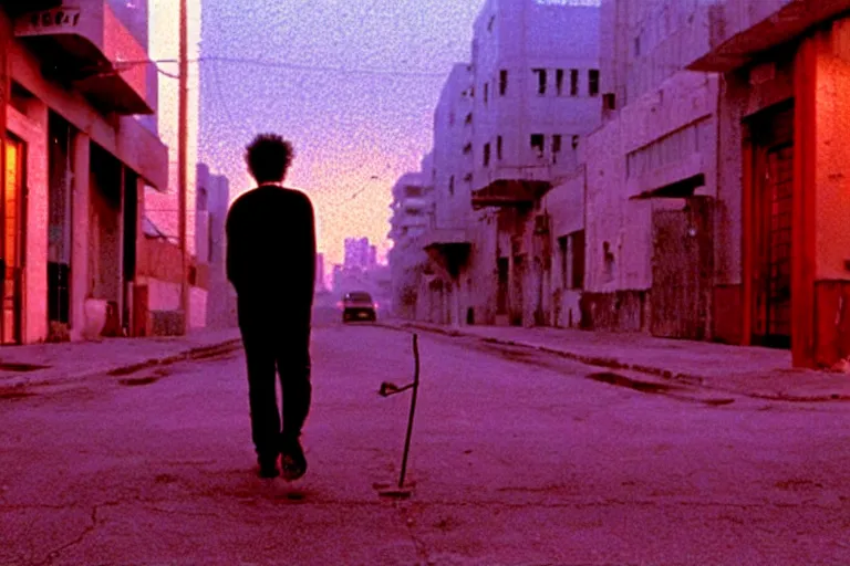 Image similar to old israeli street, todd solondz walking alone, smoking, vaporwave colors, state of melancholy, romantic, dimmed lights, realistic