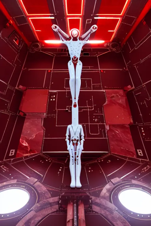 Prompt: high detailed space station interior a statue jesus on cross made of red marble, perfect symmetrical body, full body shot, inflateble shapes, white biomechanical details, wearing epic bionic cyborg implants, masterpiece, intricate, biopunk, vogue, highly detailed, artstation, concept art, cyberpunk, octane render