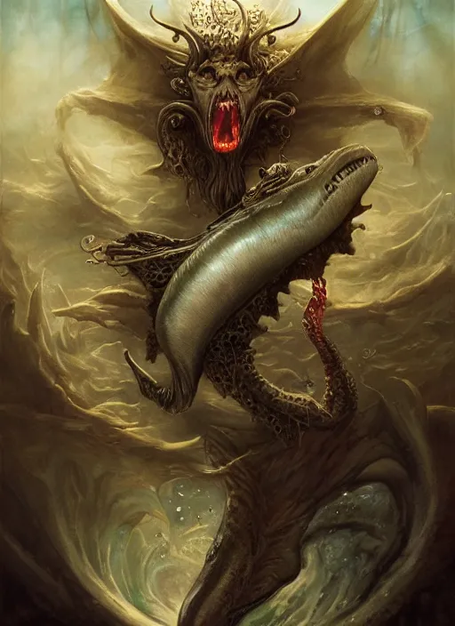 Image similar to portrait of a vampire!!!! with a sea lamprey!!!! mouth!!!, in the styles of ( national geographic ), jim warren, peter mohrbacher, gerald brom, and marc simonetti, intricate, hyperrealistic, volumetric lighting