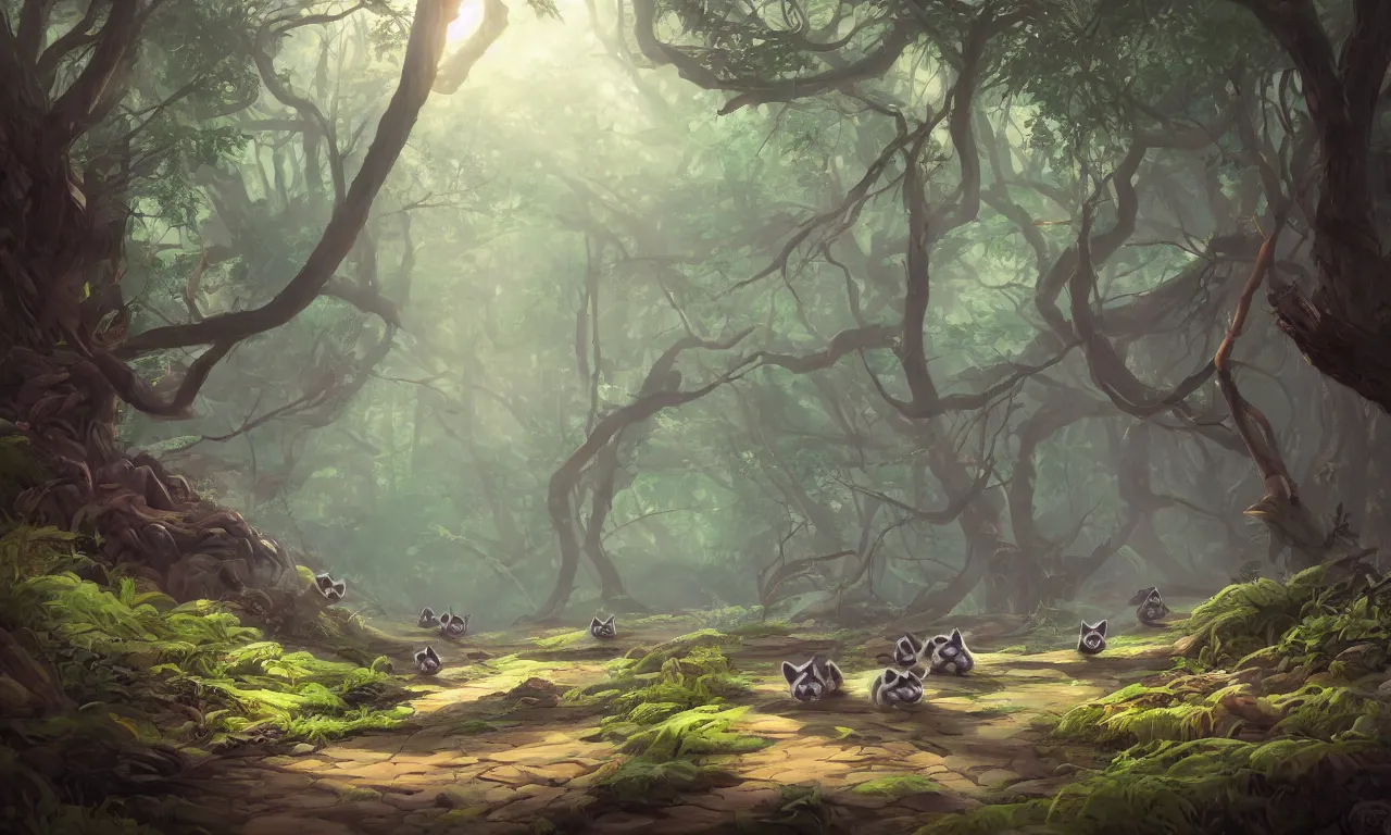 Prompt: cute raccoon walk in the forest, trending on artstation, 35mm, by Noah Bradley