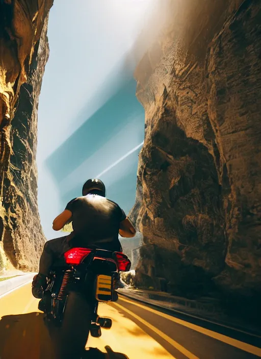 Image similar to a 2 8 mm macro photo of a man riding on a motorcycle through a canyon made of oversized arcade cabinets, splash art, movie still, bokeh, canon 5 0 mm, cinematic lighting, dramatic, film, photography, golden hour, depth of field, award - winning, anamorphic lens flare, 8 k, hyper detailed, 3 5 mm film grain