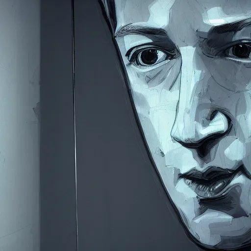 Prompt: highly detailed portrait of a vacant Mark Zuckerberg peering too closely into a security camera ((Mark Zuckerberg)) (((((Mark Zuckerberg)))) by Dustin Nguyen, Akihiko Yoshida, Greg Tocchini, Greg Rutkowski, Cliff Chiang, 4k resolution, nier:automata inspired, bravely default inspired, vibrant but dreary blue, black and white color scheme!!! ((hallway background))