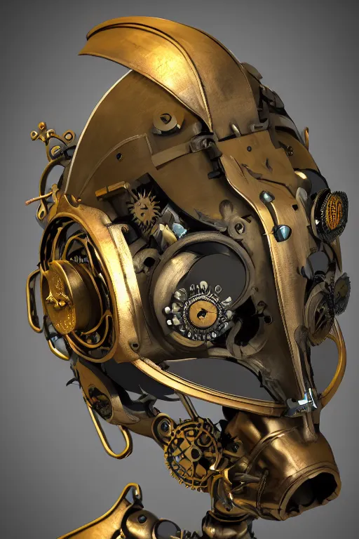 Image similar to steampunk mask minimalist fantasy art robot ninja helmet, global illumination ray tracing hdr fanart arstation by sung choi and eric pfeiffer and gabriel garza and casper konefal radiating a glowing aura