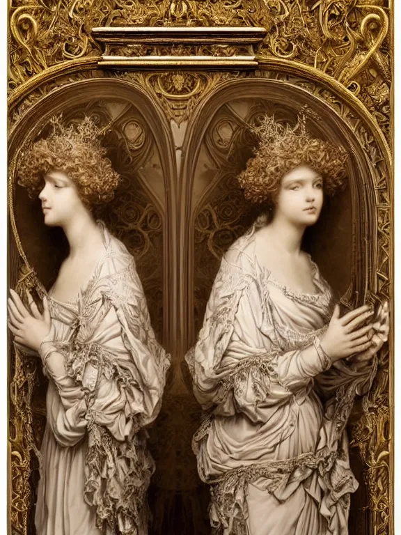 Prompt: a beautiful render of two baroque catholic veiled queen with symmetry intricate detailed heart,relief sculpture,pray,by Lawrence Alma-Tadema, Maria Mirage,peter gric,aaron horkey,Billelis,trending on pinterest,hyperreal,gold,silver,ivory,maximalist,glittering,golden ratio,cinematic lighting