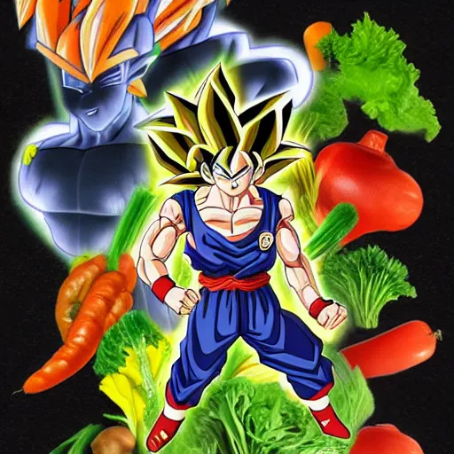 Image similar to goku and vegetables, fused, Trending on Artstation, Hiroaki Tsutsumi style