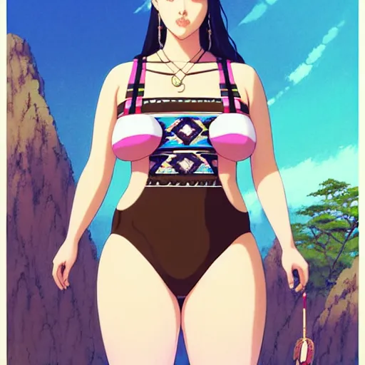 Image similar to a beautiful plus sized model japanese natalie portman, alluring plus sized model with brown skin, wearing mayan leotard with overalls, street fashion hip hop style with mayan patterns, aztec street fashion, gapmoe yandere grimdark, trending on pixiv fanbox, painted by greg rutkowski makoto shinkai takashi takeuchi studio ghibli, akihiko yoshida