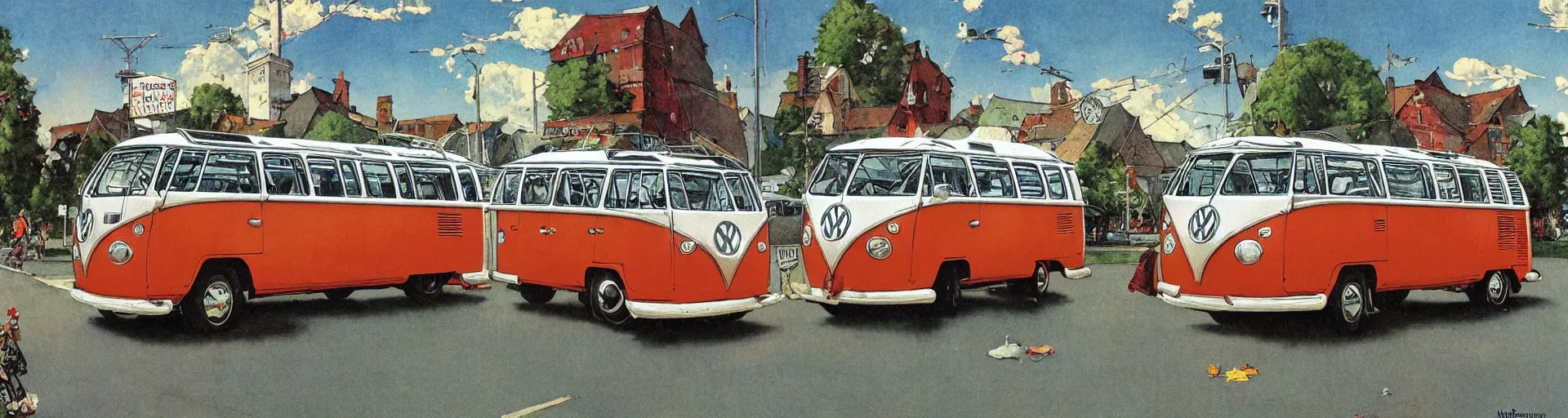 Image similar to vw bus on a street, illustration by norman rockwell