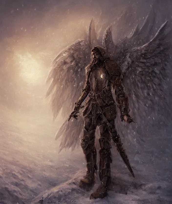 Prompt: Angel Soldier in a snowstorm, wearing an armor with fur accents, mysterious, fantasy artwork, godrays, warm colors, by seb mckinnon