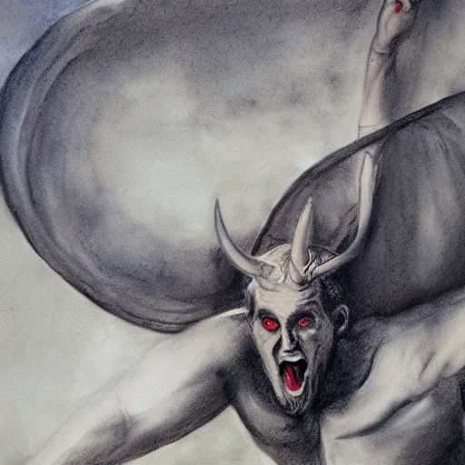 Prompt: the devil being cast down from heaven charcoal and water color masterpiece painting, hyperrealism, 4 k