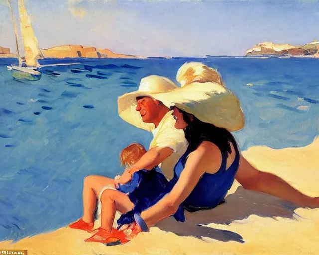 Image similar to a couple and a girl toddler on a beach in sardinia looking at a sailing boat, the man is wearing a panama hat, the woman has long dark hair, white sand, blue sky, summer, white and blue, painting by joaquin sorolla