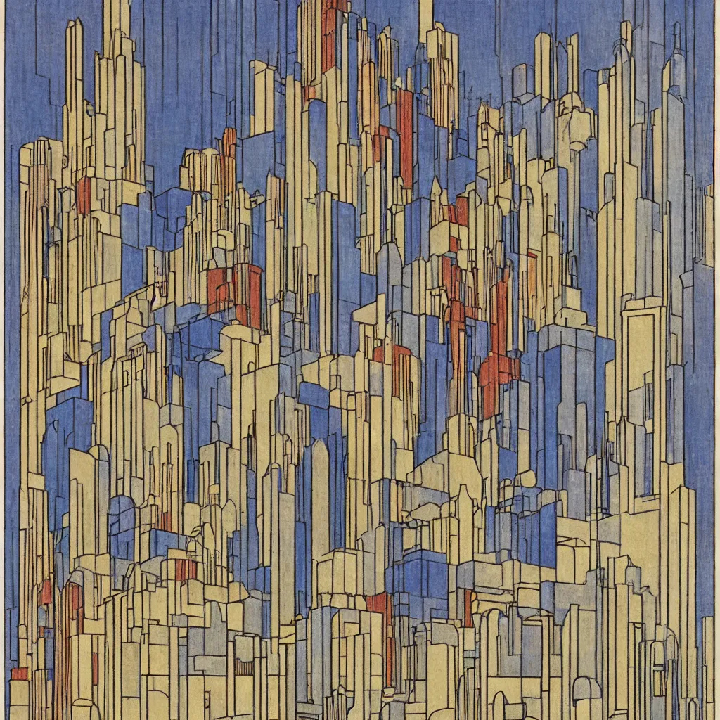 Prompt: isometric artdeco cathedral by frank lloyd wright, isometric, painted by piet mondrian