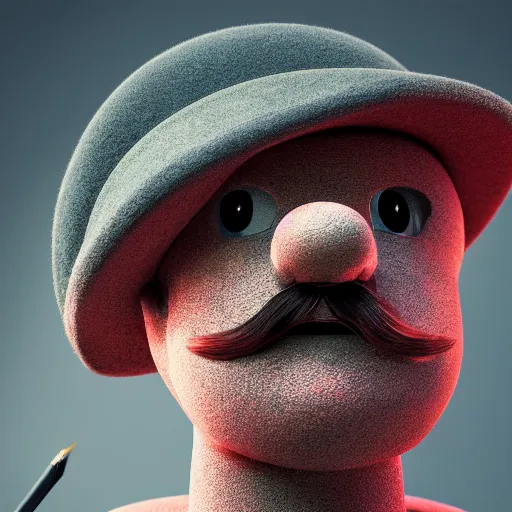 Prompt: portrait of a robot with a moustache wearing beret holding big paintbrush, big head, high detail, beautiful light, depth of field, sharp focus, clean design, 4 k, pixar, low saturation, octane render