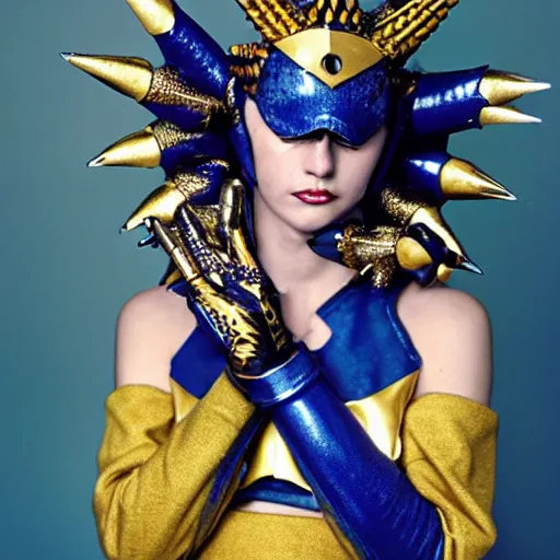 Image similar to a woman in elaborate blue and gold armor with spiked horns on her helmet, cosplay, photoshoot, photograph by Bruce Weber