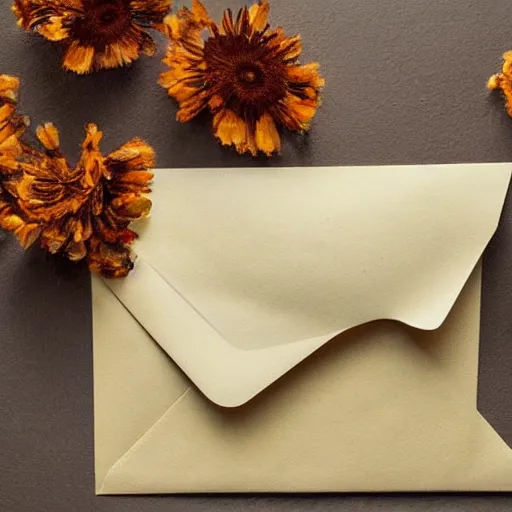 Prompt: still life aesthetic layout of letter, open envelope, dried flowers, oil on canvas