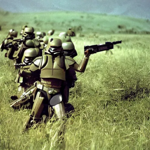 Image similar to star wars mandalorians combat soldiers in vietnam, photo, old picture, lush landscape, field, firearms, explosions, x - wings, aerial combat, active battle zone, fire, battle droids, jedi, land mines, gunfire, violent, star destroyers, star wars lasers, sci - fi, american soldiers, agent orange, bomber planes, trench warfare