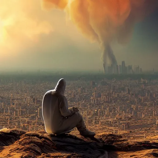 Image similar to a beautiful award-winning photo of the last man on Earth wearing a hazmat suit, sitting, serene post-nuclear background on the horizon, a mirage of a skyline of a destroyed city, numerous fires, volumetric lighting, hazy, a mothership hovering high up in the sky, very high quality, extremely detailed, subtle visual noise, 8K